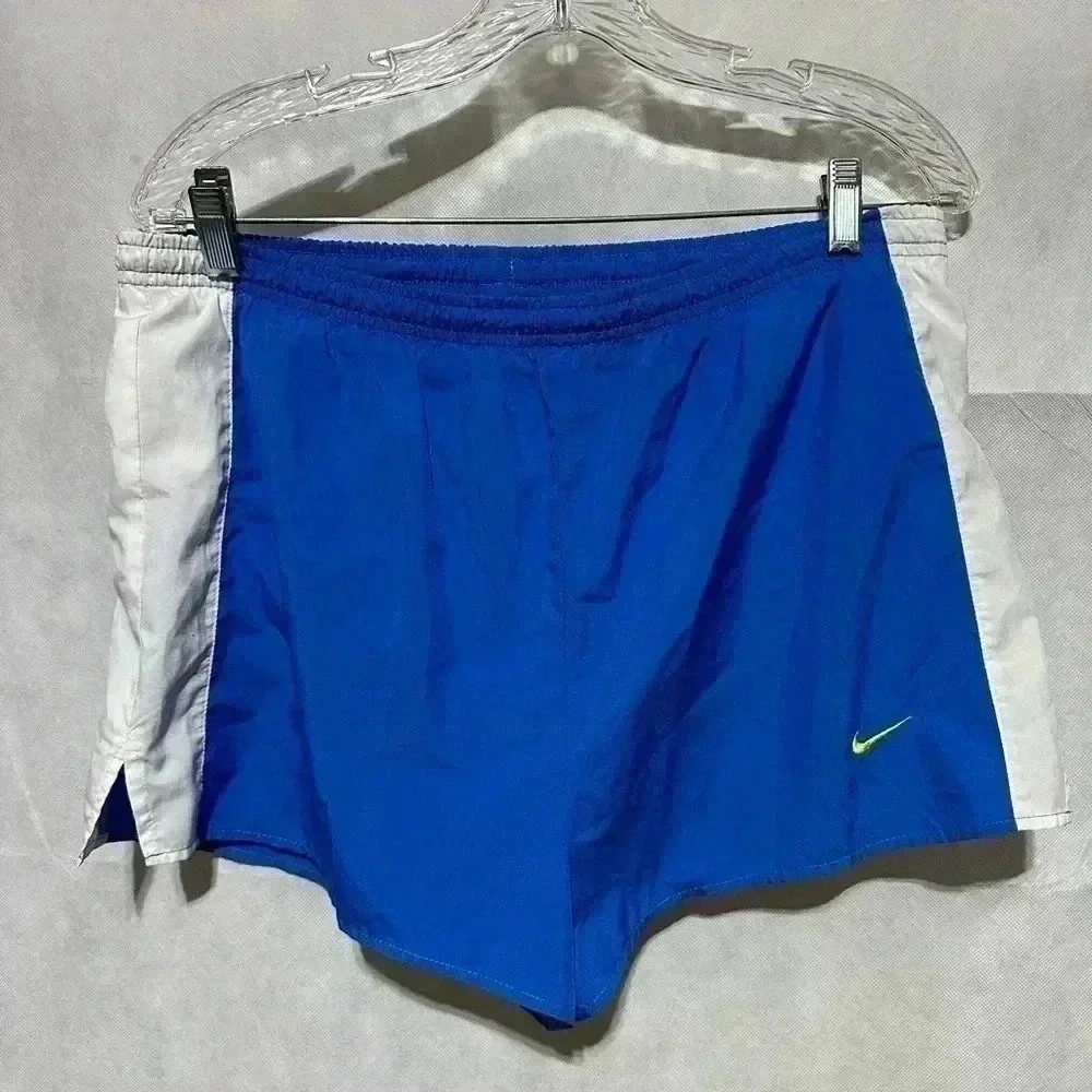 Women’s Nike Dri-Fit Running Shorts Blue White Sz Medium Neon Swoosh Logo Lined